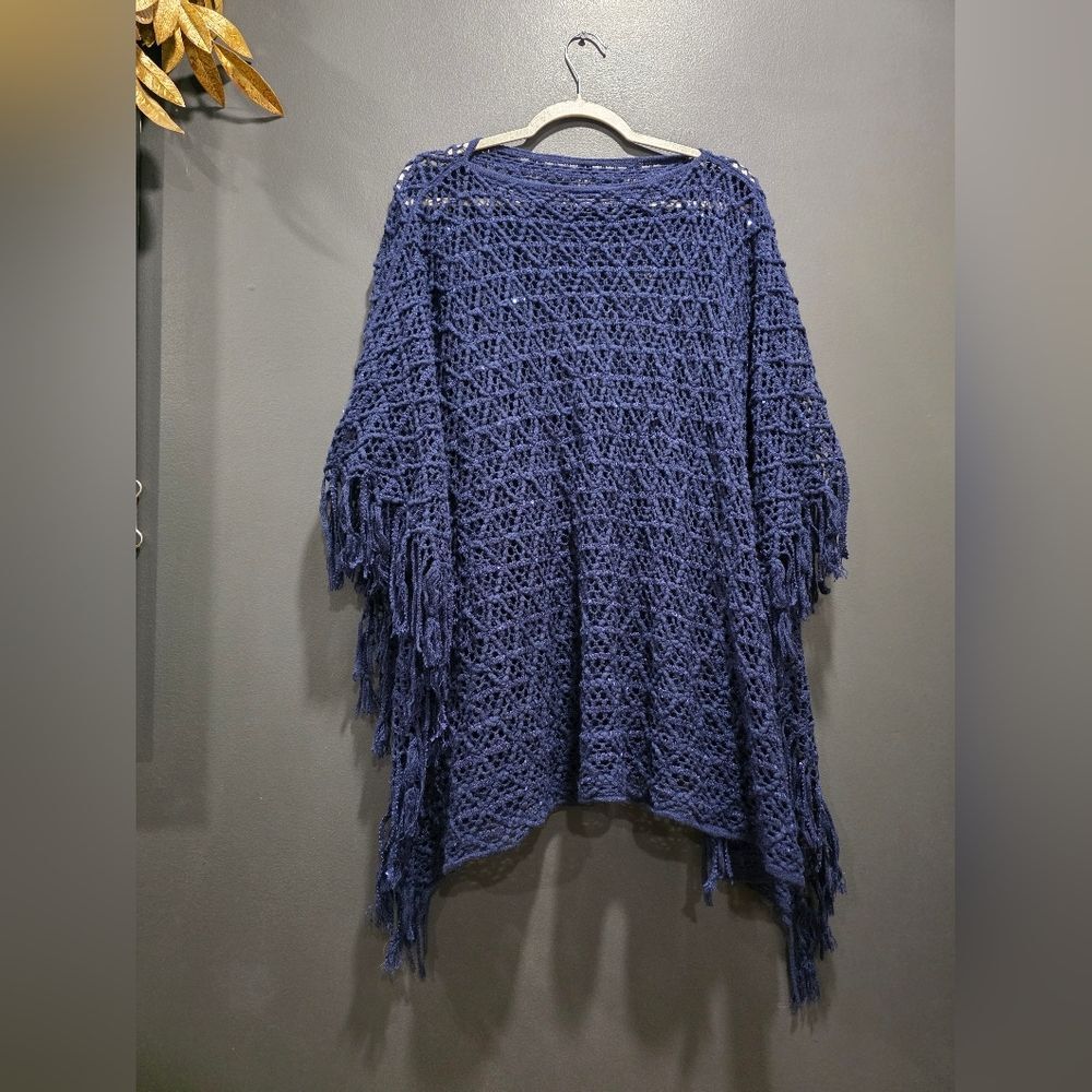 Midnight Dark Blue Shimmer Sparkle Poncho Cape Shawl Knit Side Fringe OS